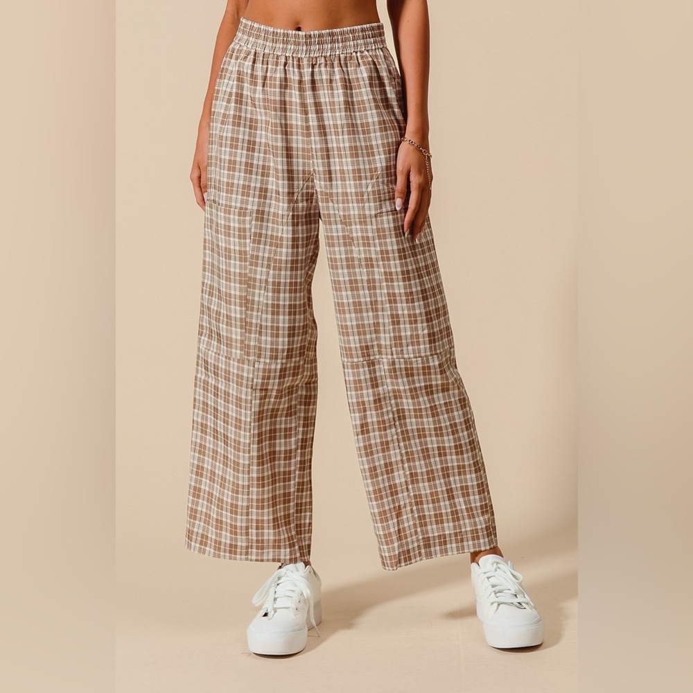 Plaid Wide-Leg Pants with Pockets in Coffee/Ivory